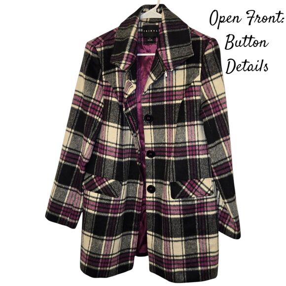 Tribal Plaid Wool Blend Pea Coat Sz 6 Purple Womens Button Up & Satin Lining New - Picture 2 of 15
